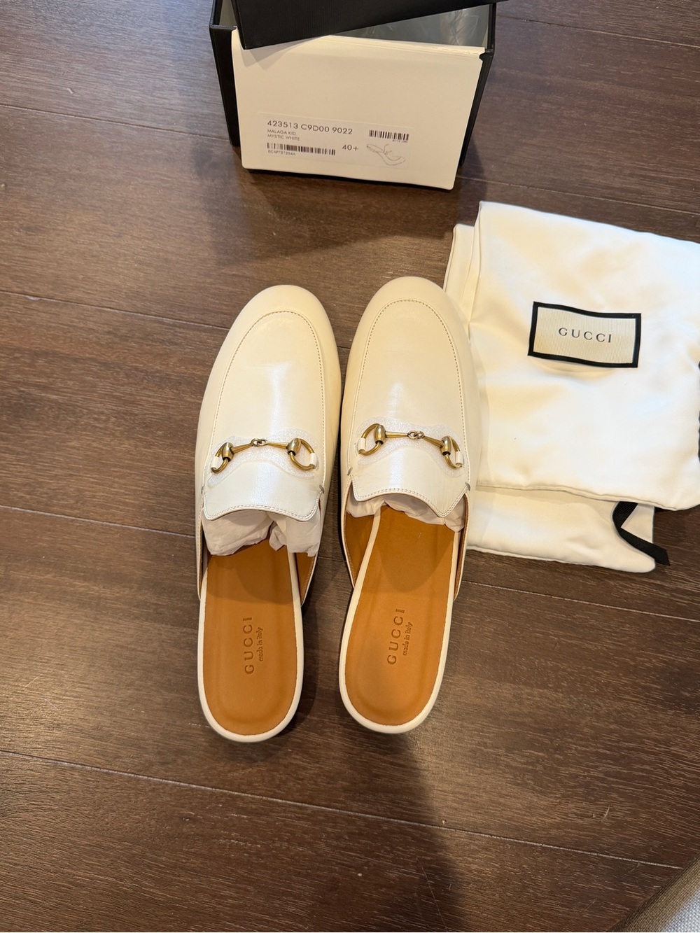 GUCCI White Leather Horsebit Backless Loafers